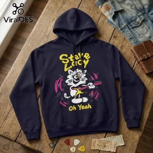 Steve Lacy Oh Yeah 2026 Concert Tour Hoodie in navy blue featuring a cartoon cat playing a yellow electric guitar.