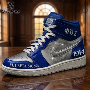Phi Beta Sigma 1914 Air Jordan 1 Hightop Sneakers in blue and silver with fraternity Greek letters on a wooden table.
