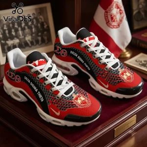 Delta Sigma Theta Sorority Performance Air Max Plus Shoes in red and black with white laces and Greek letter insignia.