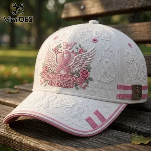 Breast Cancer Awareness 2026 Rose Baseball Cap in white featuring pink ribbon embroidery, floral patterns, and text on a bench.