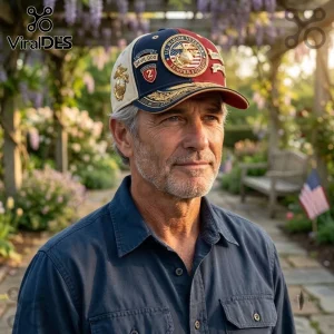 US Marine Corps Veteran Semper Fidelis baseball cap with embroidered emblems on a navy, red, and cream six-panel structure.