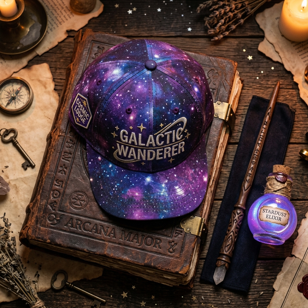 A stunning flatlay photography shot of the Harry Potter 25th anniversary purple galaxy cap resting on an ancient, leather-bound magical spellbook next to a wand