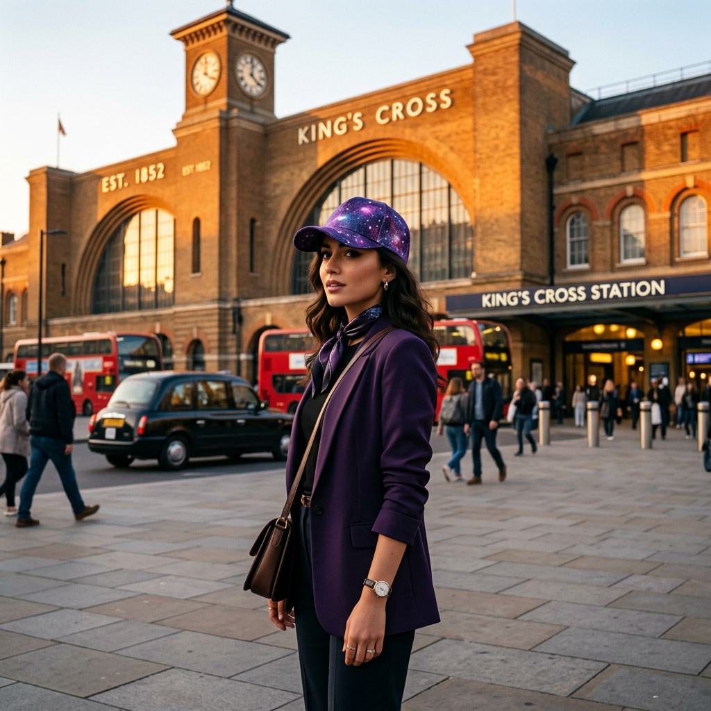 A high-fashion lifestyle shot of an elegant person wearing a striking Harry Potter 25th anniversary purple galaxy cap outside King's Cross Station in London