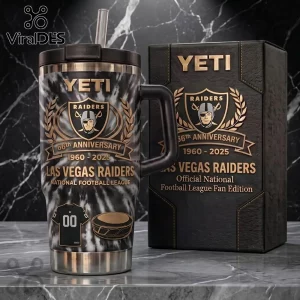 Las Vegas Raiders 66th Anniversary 40oz Stanley Tumbler featuring black marble pattern, team logo, and anniversary text.