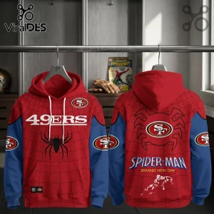 San Francisco 49ers x Spider-Man Brand New Day Hoodie features red and blue fabric with web patterns and team logos.