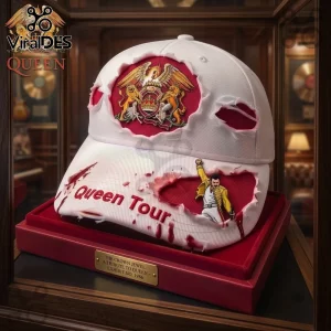 Queen Halloween Tour 2026 Blood Splatter Baseball Cap featuring the iconic crest, Freddie Mercury graphic, and distressed fabric.