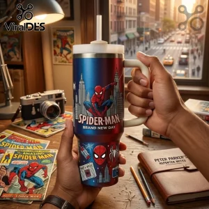 Marvel Spider-Man Brand New Day 40oz Stanley Tumbler featuring New York city skyline graphics and classic comic book art.