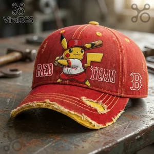 Boston Red Sox Pikachu Distressed Baseball Cap featuring a yellow electric mouse mascot holding a wooden baseball bat.