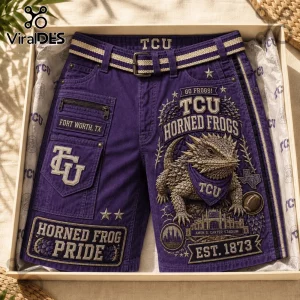 Texas Christian University Horned Frogs purple casual shorts featuring an embroidered horned frog graphic and TCU logo.