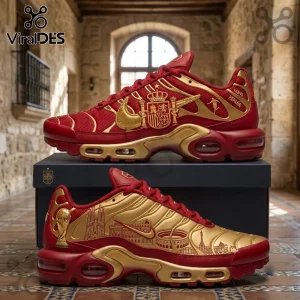 Spain National Team World Cup Air Max Plus shoes in red and gold with crest, stadium graphics, and metallic accents.