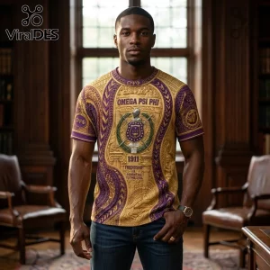 Omega Psi Phi 1911 Gold and Purple Shirt featuring intricate fraternity crests, Greek lettering, and classic imagery.