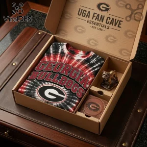 Georgia Bulldogs NCAA Red and Black Tie Dye Shirt inside a branded gift box with a bulldog figurine and logo coaster.