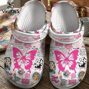 Dolly Parton Pink Butterfly Lightweight Clogs featuring portrait prints, western typography, and disco ball illustrations.