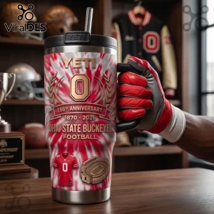 Ohio State Buckeyes 156th Anniversary Stanley Tumbler featuring red and white tie-dye, gold branding, and stadium graphic.