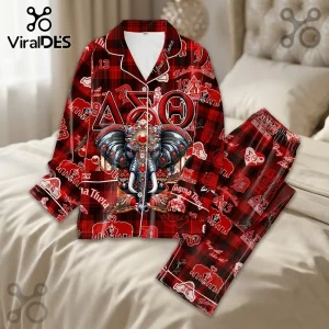 Delta Sigma Theta Red Plaid Elephant Pajama Set featuring Greek letters and ornate elephant graphics on button-down shirt.