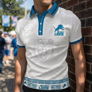 Detroit Lions White One Pride Polo Shirt featuring a blue collar, team logos, and debossed city skyline graphics.