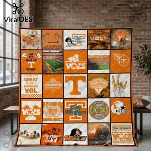 Tennessee Volunteers Logo Patchwork Quilt Throw Blanket featuring team colors, football helmets, and classic school logos.