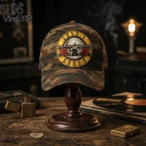 Guns N Roses Camouflage Embroidered Baseball Cap featuring the iconic circular logo with roses on a camouflage pattern.