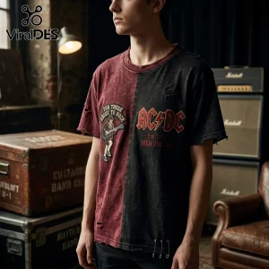 AC/DC For Those About To Rock shirt with distressed maroon and black fabric, band graphics, and safety pin accents.