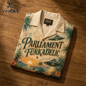 Parliament Funkadelic Beige Hawaiian Shirt featuring a sunset beach scene, flying saucers, music notes, and tropical plants.
