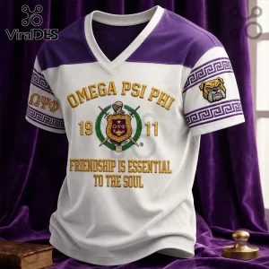 Omega Psi Phi 1911 Mascot V-Neck T-Shirt featuring purple collar, bulldog graphic, fraternity crest, and embroidered text.