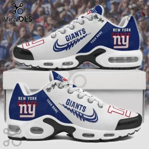 New York Giants Custom Name Max Plus sneakers in white and blue featuring team branding and personalized name placement.