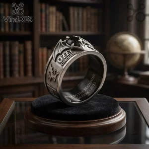 Ozzy Osbourne Villa Park 2025 Black Stainless Steel Ring with bat wing accents and an engraved inner band.