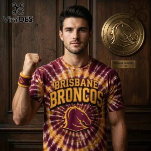 Brisbane Broncos NRL Mascot Tie Dye Shirt featuring a maroon and gold spiral pattern and a central team logo on a man.