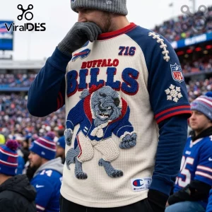 Buffalo Bills NFL Embroidered Mascot Shirt featuring a large knitted mascot graphic, 716 text, and blue and cream fabric.