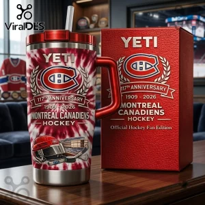 Montreal Canadiens 117th Anniversary Stanley Tumbler featuring red tie-dye pattern, hockey graphics, and matching box.