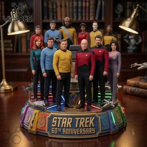 Star Trek 60th Anniversary Sculpted Character Diorama featuring miniature figures of iconic crew members on a light-up base.