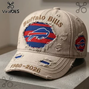 Buffalo Bills 1960-2026 Distressed Baseball Cap in beige with embroidered team logos and frayed fabric detailing.