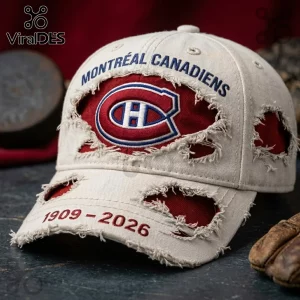 Montreal Canadiens 1909-2026 distressed baseball cap in beige with red fabric underlay and team logo embroidery.