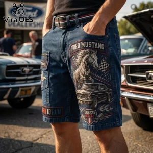 Ford Mustang American Muscle Navy Blue Casual Shorts featuring a galloping horse graphic and classic car illustration.