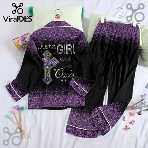 Ozzy Osbourne Purple Glitter Satin Pajama Set featuring a cross graphic and text on a black and purple ombre background.