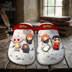 Harry Potter 25th Anniversary Character Crocs With Charms featuring Dobby, Harry, Ron, Hermione, and Hedwig on white clogs.