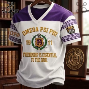 Omega Psi Phi 1911 Mascot V-Neck T-Shirt featuring purple and white colors, fraternity crest, and bulldog emblem on sleeves.