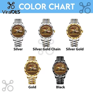 Indian Motorcycle 125th Anniversary Gold Tone Quartz Watch featuring five metal band color variations on a white background.