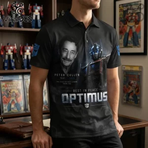 Peter Cullen Optimus Prime Black Tribute Polo Shirt featuring a portrait of Peter Cullen and Optimus Prime illustration.