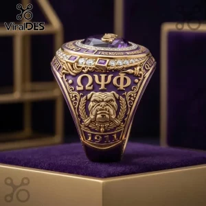Omega Psi Phi Fraternity Bulldog ring with purple enamel, gold metal, a large center amethyst, and Greek letters on a pedestal.