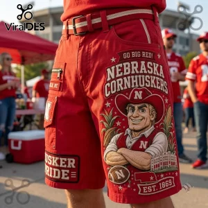 Nebraska Cornhuskers Mascot Red Casual Shorts featuring a Huskers graphic, team colors, and Husker Pride branding.