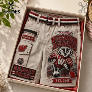 Wisconsin Badgers Embroidered Cargo Shorts in beige denim with red and black team graphics, patches, and striped belt.