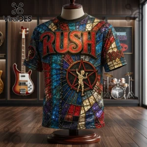 Rush Stained Glass Starman T-Shirt featuring a red and blue mosaic pattern with the Starman logo and 1968 text on a mannequin.