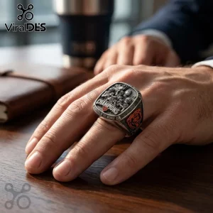 Chicago Bears 2025 NFC North Champions ring in antique silver with embossed player figures and team logo on the side.