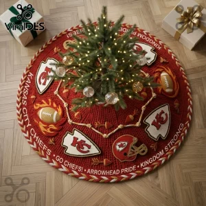 Kansas City Chiefs Knitted Holiday Christmas Tree Skirt with team logos, football graphics, and red, white, and gold accents.