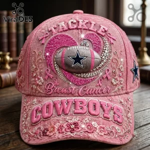 Dallas Cowboys Breast Cancer Awareness Pink Cap featuring embroidered football, heart, floral patterns, and rhinestone accents.