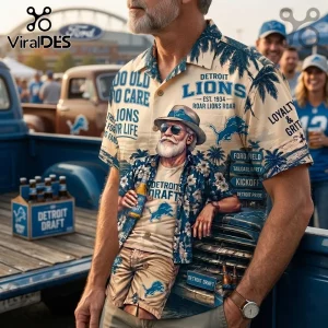 Detroit Lions Tropical Pattern Hawaiian Shirt featuring team logos, palms, and text on a light tan button-down fabric.