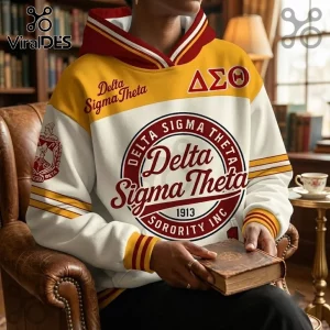Delta Sigma Theta Crimson and Gold Hoodie featuring Greek letters, 1913, and sorority seal on a cream-colored fabric base.