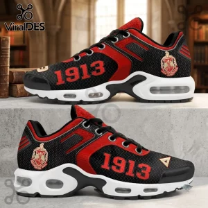 Delta Sigma Theta Sorority Air Max Plus sneakers featuring red, black, and white colors with 1913 branding and crest.