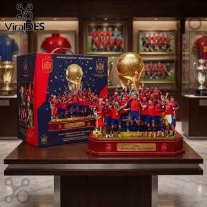 Spain 2026 World Cup Acrylic Plaque featuring the national soccer team celebrating with a gold trophy on a display stand.